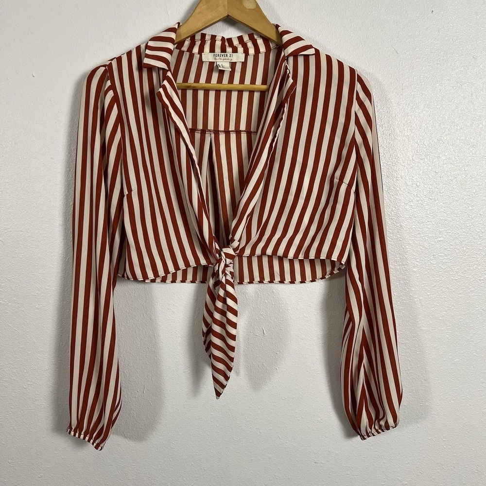 Forever 21 Contemporary Rust Orange Striped Tie Front Crop Top Blouse Small‎